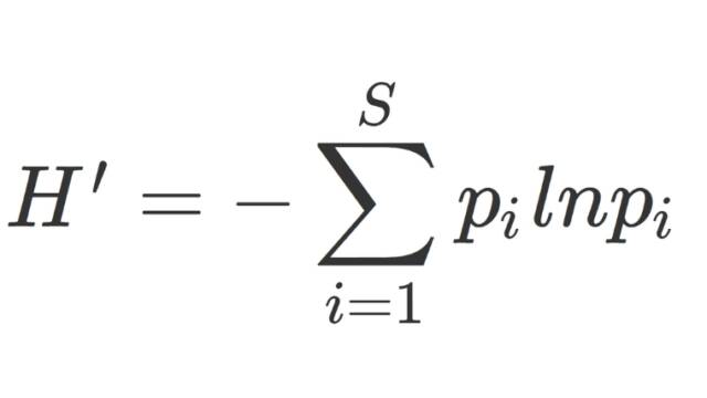 シャノン指数　H ′ =−∑ i=1 S ​ p i ​ lnp i ​